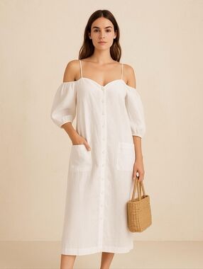 Reformation White Linen Off-Shoulder Midi Side Slit Button Dress Size Medium